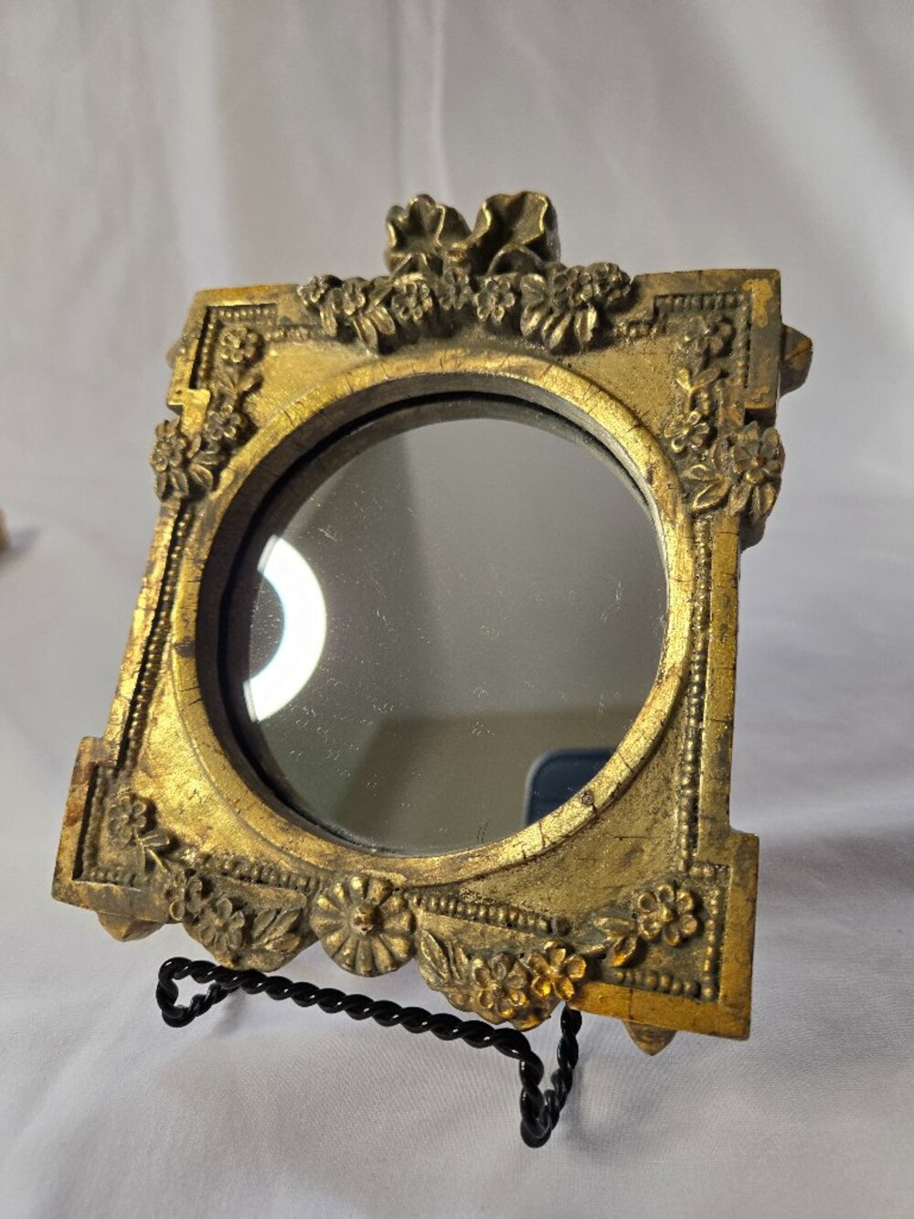 Elegant Gold Old World Look Mirror with Bow and Floral Accents